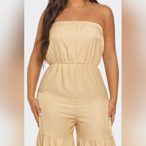 Elegant Ruffle Strapless Beige Jumpsuit - Picture 2 of 5